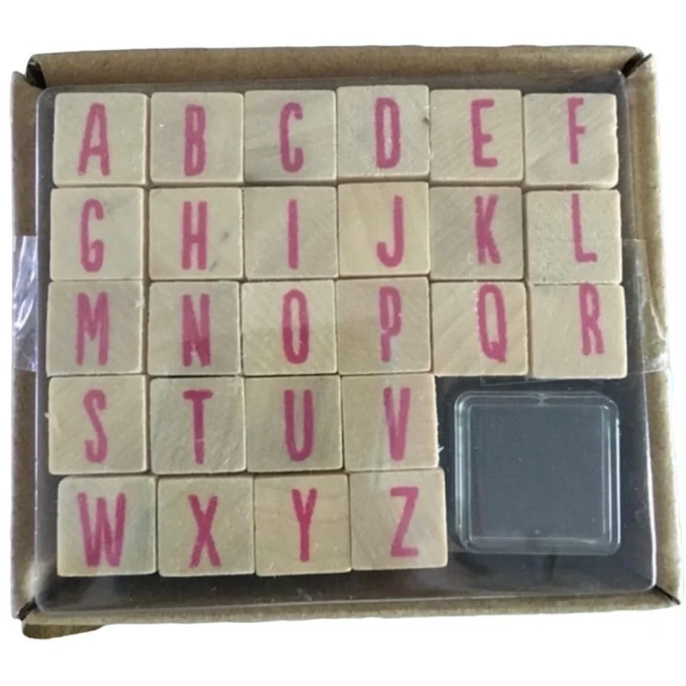 Wooden Mini Rubber Stamps Set ABC Uppercase Alphabet Letters 26 Stamps